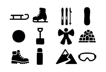 Obraz premium A comprehensive collection of black silhouette icons representing various winter sports, outdoor activities, and cold weather essentials — stock vector.