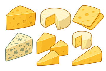 Isometric assortment of various cheese types and cuts