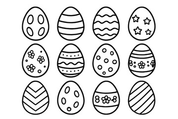 Twelve hand-drawn outline decorated Easter eggs ready for coloring book pages