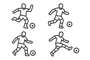 Set of four stylized stick figure icons depicting soccer player actions and ball control