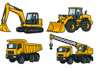 Set of yellow construction vehicles including excavator, loader, dump truck, and crane