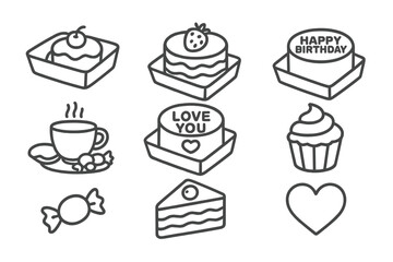 Line icons set of sweet desserts and beverages for festive occasions
