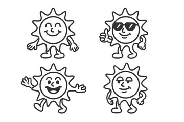 Four cheerful cartoon sun characters with distinct expressions and gestures
