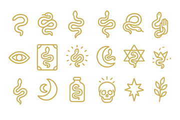 Esoteric snake and occult symbols line icon set