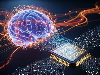 Futuristic computing visualization of a translucent blue brain merging with a powerful microchip architecture.