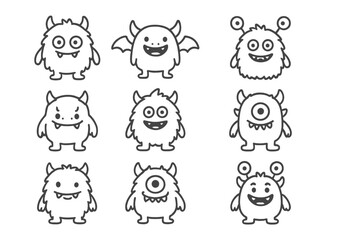 Nine cute cartoon monster characters in simple black outline style