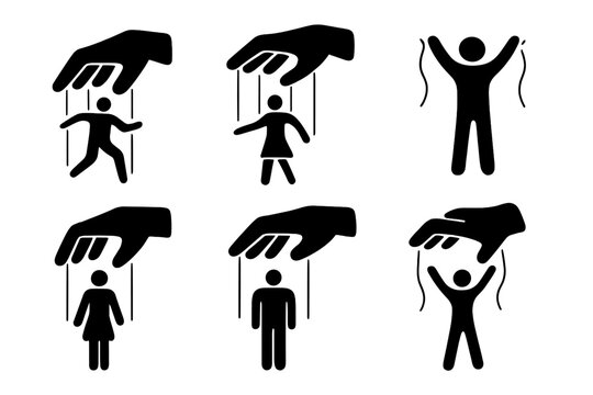 Puppet master hands controlling stick figure icons set