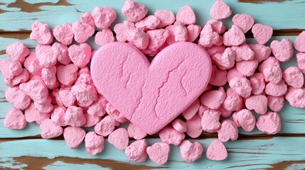 Obraz premium Pink Broken Heart Surrounded by Small Heart Candies on Wood