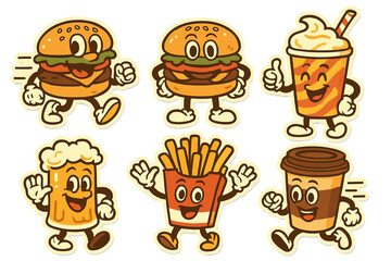 Fast food characters running in dynamic retro sticker style