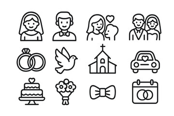 Set of simple black line icons representing wedding ceremony elements and symbols