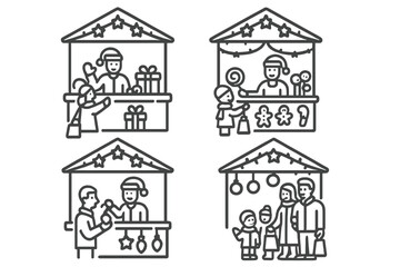 Naklejka premium Set of four outline icons depicting winter holiday market stalls and visitors