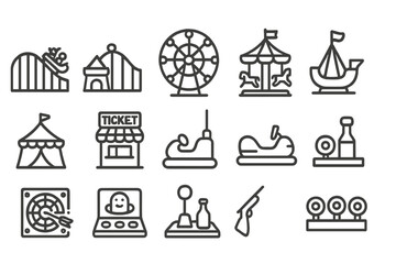 Outline icons set of amusement park rides and carnival game attractions