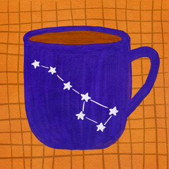 A whimsical blue mug shows the Ursa Major star constellation in hand drawn style on orange plaid, illustrating cosmic patterns and celestial observation in astronomy and astrology.