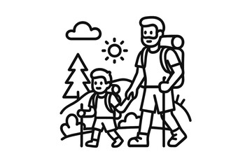 Father and son hiking together with backpacks and trekking poles