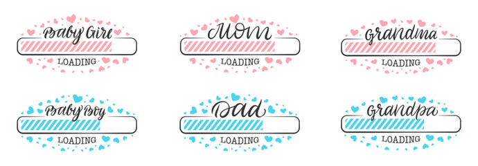 Baby gender loading graphics with hearts and loading bars
