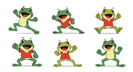 Obraz premium Set of Six Cheerful Cartoon Frogs in Various Poses.