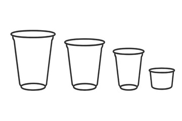 Set of four disposable plastic cups and containers in various sizes