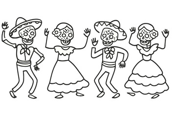 Traditional Mexican dancing skeletons celebrating Dia de Muertos in festive attire