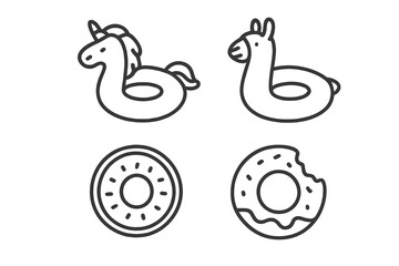 Fototapeta premium Inflatable unicorn and llama swimming rings with sweet baked donuts line art