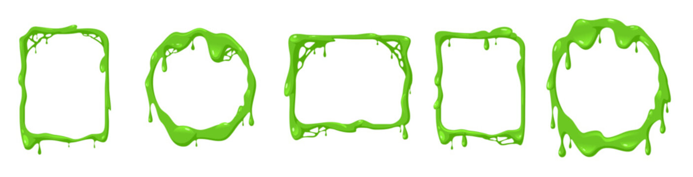 Green dripping slime borders in various shapes on white background