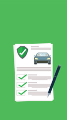 Art &Car insurance document report , paper agreement checklist or loan checkmarks form list approved with automobile
 Illustration