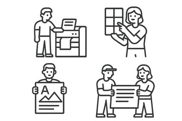 Graphic design and printing production workflow featuring people operating machinery and reviewing layouts