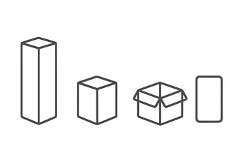 Set of outline shapes for various packaging boxes, including closed, open, and tall containers