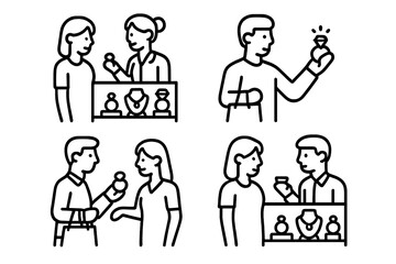 Customers and salespeople interacting with luxury goods in a jewelry store shopping environment