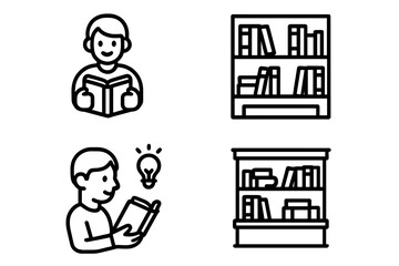 People studying, reading, and learning concepts with library bookshelves and knowledge symbols
