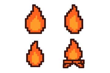 Four different pixelated fire flame and burning campfire icons in retro video game style