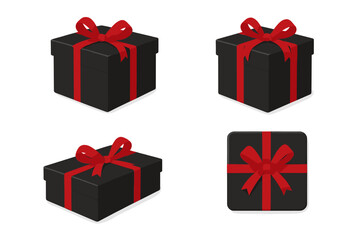Realistic black gift boxes wrapped with bright red ribbons and bows for holidays and celebrations