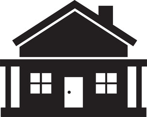 Simple black and white house with a triangular roof and a chimney