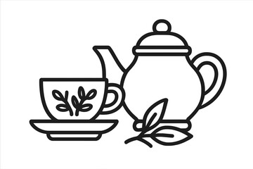 Teapot and teacup with saucer and fresh tea leaves in a simple outline icon style