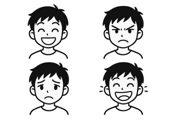 Young boy showing four different facial expressions: happiness, anger, sadness, and joy