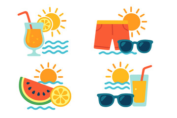 Colorful flat design icons set for summer vacation featuring drinks, swimwear, and fruit