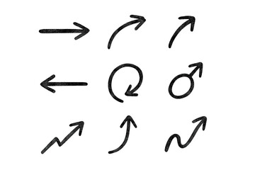 Nine doodle arrows and directional symbols in rough textured hand-drawn style