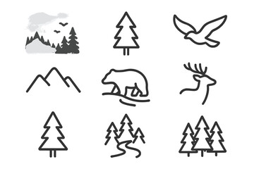 Minimalist black line art set of wildlife, mountains, and evergreen trees for nature themes