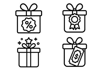Outline icons set showing gift boxes with reward, discount, and loyalty symbols