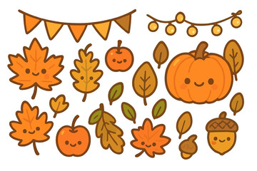 Cute cartoon fall harvest elements set with smiling pumpkin and autumn leaves