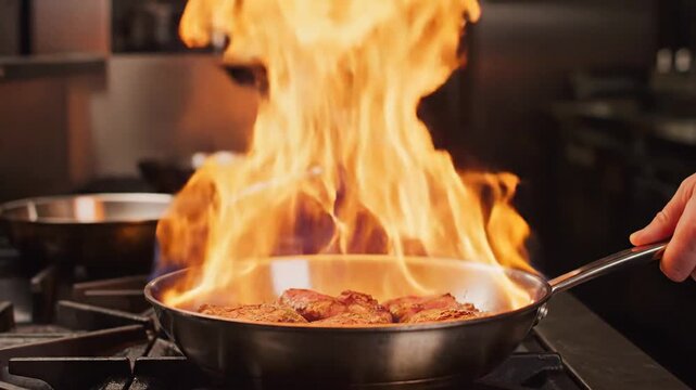 A chef demonstrates the flamb&eacute; technique in a frying pan over a gas stove in super slow-motion, with a large flame engulfing the pan.