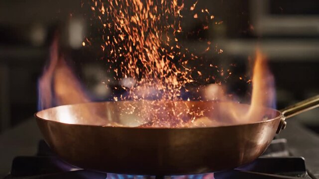 Super slow-motion shot of flamb&eacute; technique being applied in a copper frying pan on a stovetop with flames rising, showcasing a cooking method in a kitchen with warm tones.