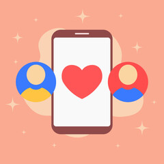 Valentine match screen illustration. Simplified dating interface layout. Two round avatar icons placement. Central heart match symbol. Warm pink red romantic mood.