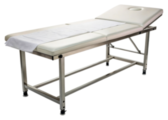 Adjustable medical examination bed with face cradle and paper roll holder for patient comfort and hygiene in clinics and spas.