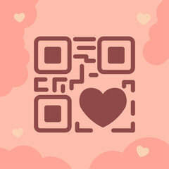Valentine qr code heart illustration. Centered qr style block form. Solid heart corner accent. Soft abstract background shapes. Warm minimal romantic tone.