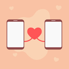 Valentine device connection illustration. Two digital devices facing each other. Heart link symbol between screens. Soft floating background shapes. Warm romantic flat atmosphere.