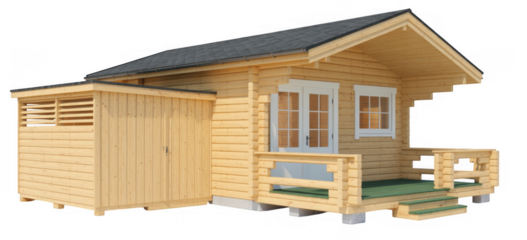 Wooden cabin with porch and shed isolated on a transparent background house