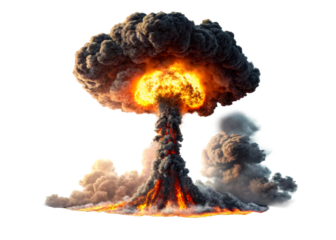 Massive fiery mushroom cloud erupts from a devastating explosion creating widespread destruction and smoke plumes for disaster or impact concepts.