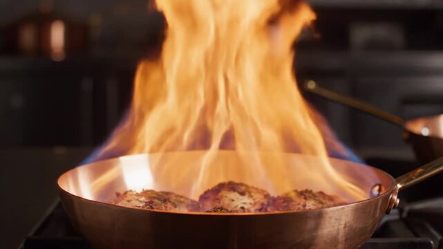 A copper frying pan on a stovetop with flames rising from it using the flamb&eacute; technique in super slow-motion.