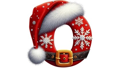 Festive letter o adorned with a santa hat and belt, featuring white snowflakes for christmas