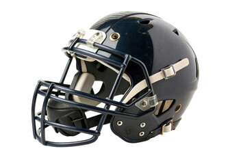 Fototapeta premium Dark blue American football helmet with a protective face mask and chin straps, perfect for sports media and equipment themes